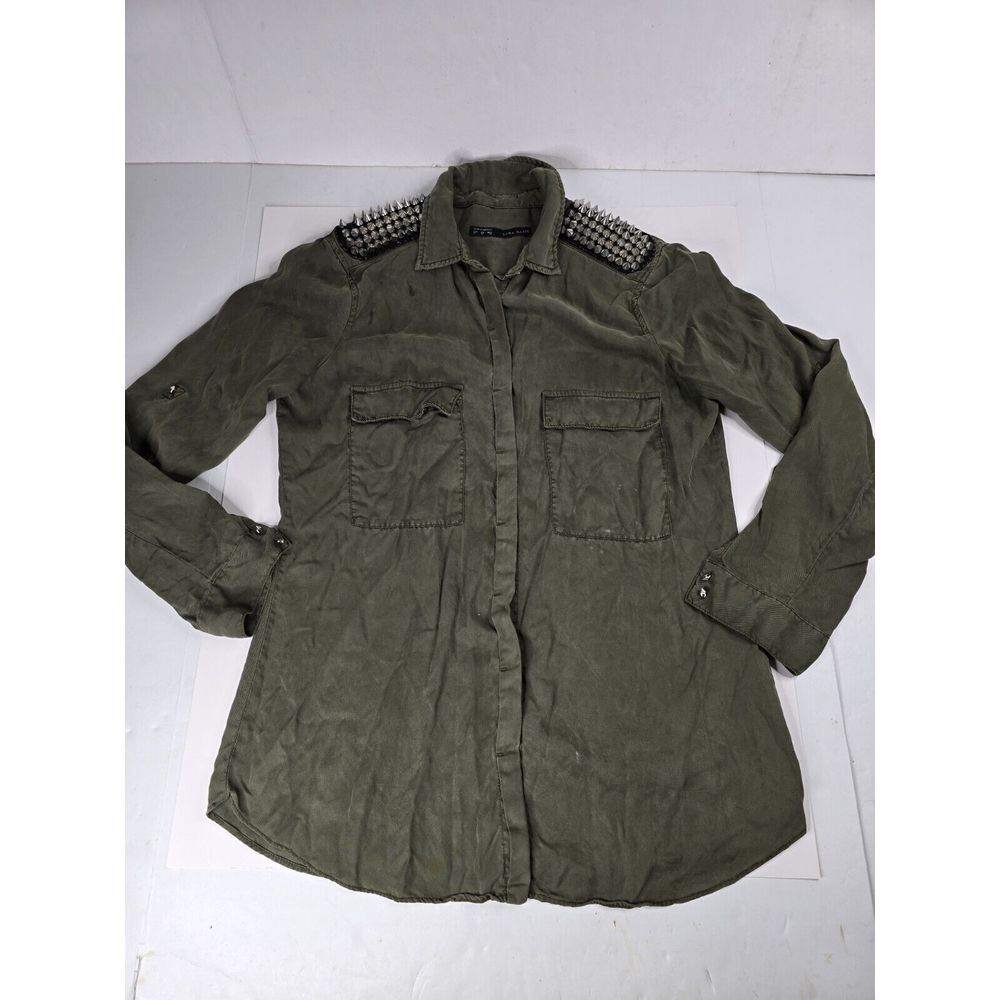 Zara Basic Women's Long Sleeve Button Up Spike‎ Shoulders Shirt Size M Medium
